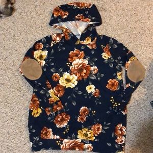 navy floral hoodie with elbow pads